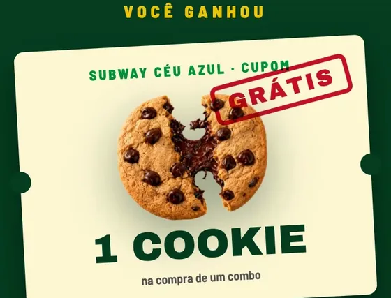 Você ganhou: 1 cookie EXTRA grátis na compra de um combo completo (sanduíche + refrigerante + acompanhamento)